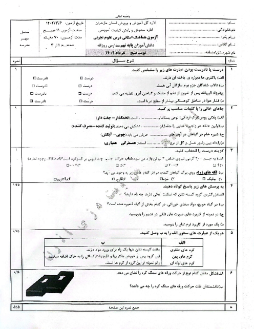 امتحان هماهنگ خرداد 1402 علوم تجربی پایه نهم استان مازندران