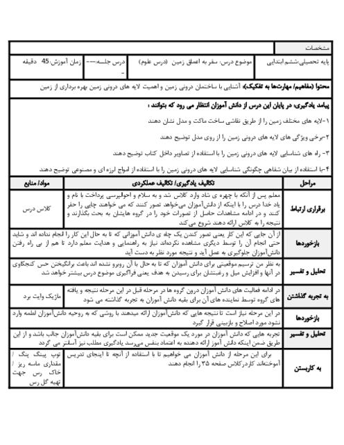 فرم جیم علوم ششم ابتدائی | درس 4: لایه های درونی زمین