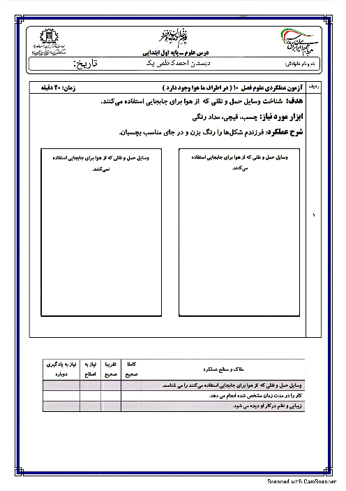 آزمون عملکردی علوم اول ابتدایی درس 9 و 10
