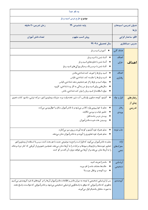 طرح درس آموزش اسید و باز | علوم ششم ابتدائی