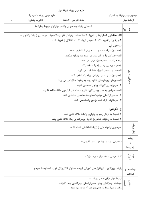 طرح درس روزانه ارتباط مؤثر دهم هنرستان | پودمان 1: شناسایی ارتباط و عناصر آن و کسب مهارتهای مربوط به ارتباط