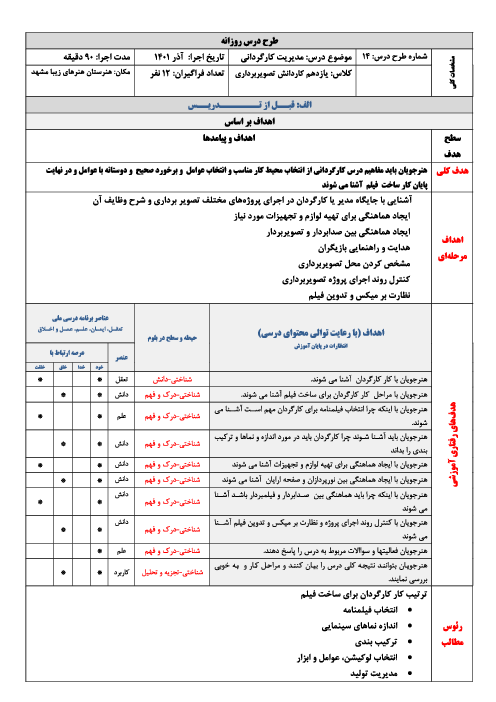 طرح درس روزانه تصویر برداری یازدهم | موضوع: مدیریت کارگردانی
