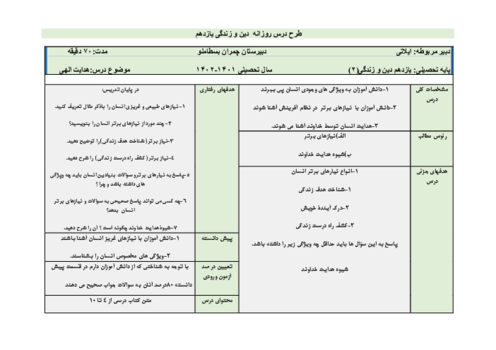 طرح درس روزانه دین و زندگی (2) یازدهم انسانی | درس 1: هدایت الهی
