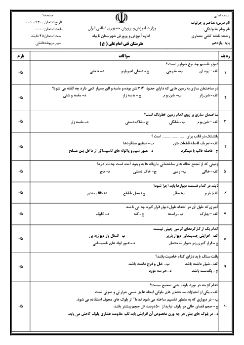 آزمون نوبت اول عناصر و جزییات یازدهم هنرستان امام علی (ع) | دی 1399