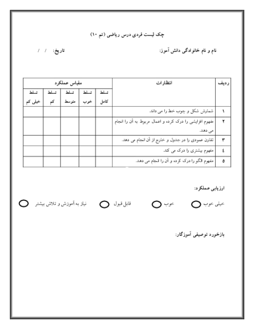چک لیست فردی تم 10 ریاضی پایه اول دبستان