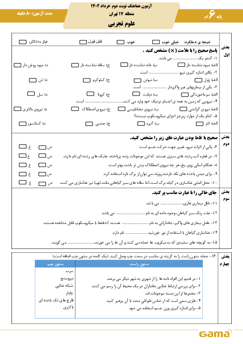 آزمون هماهنگ خرداد 1402 درس علوم ششم منطقه 17 تهران