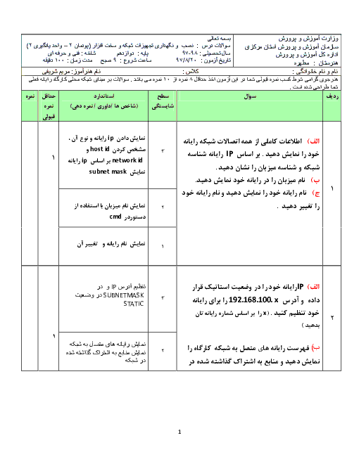 آزمون نصب و نگهداری تجهیزات شبکه و سخت‌افزار دوازدهم هنرستان مطهره | پودمان 2: راه اندازی شبكه (واحد یادگیری 2)