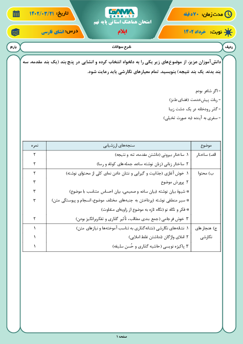 آزمون هماهنگ استانی خرداد 1402 انشای فارسی پایه نهم استان ایلام 