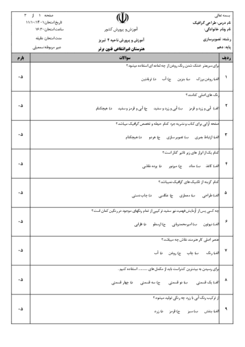نمونه سوال امتحانی طراحی امور گرافیکی دهم تصویرسازی | نوبت خرداد 1401 هنرستان فنون برتر تبریز