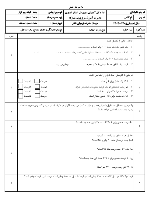 آزمون پودمان 2 ریاضی دهم فنی: درصد و کاربردهای آن