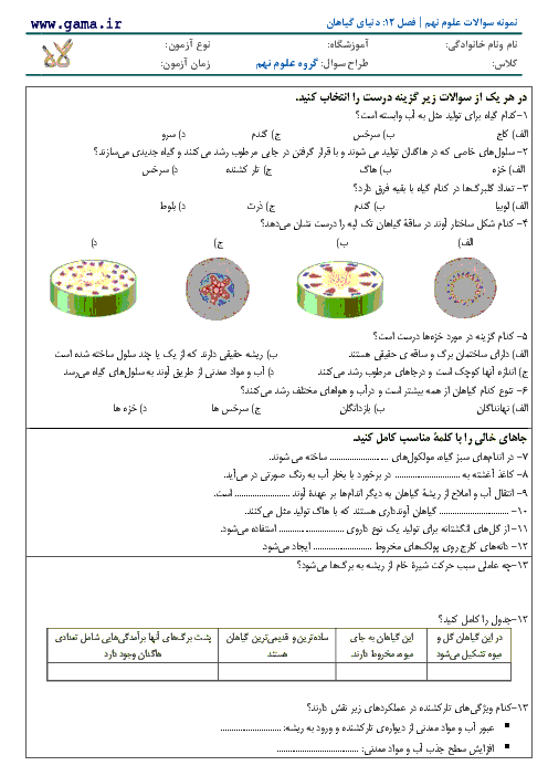 نمونه سوال علوم تجربی پایه نهم با پاسخ تشریحی | فصل دوازدهم: دنیای گیاهان