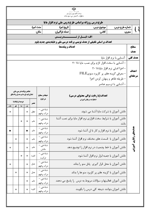 طرح درس روزانه آشنایی با نرم افزار مایا
