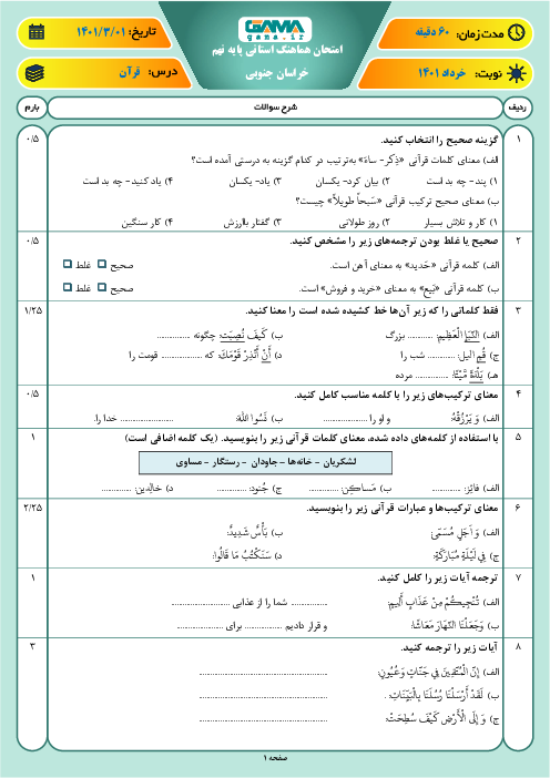 سوالات آزمون نوبت دوم قرآن نهم هماهنگ استان خراسان جنوبی | خرداد 1401
