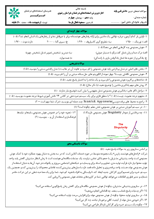 آزمون شایستگی محور دانش فنی پایه کامپیوتر پودمان 4: هوش مصنوعی و کاربردهای آن