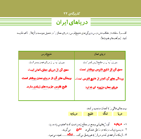 پاسخ کاربرگه‌ شماره 21 مطالعات اجتماعی ششم دبستان | دریاهای ایران