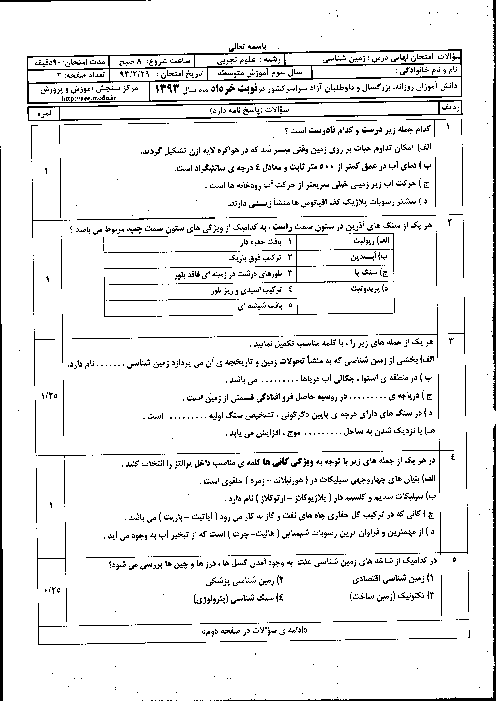 سوالات امتحان نهایی زمین شناسی-خرداد 1393