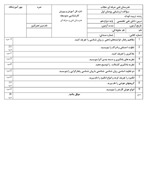 مجموعه سوالات امتحانی دانش فنی تخصصی دوازدهم رشته تربیت کودک | پودمان 1 تا 5