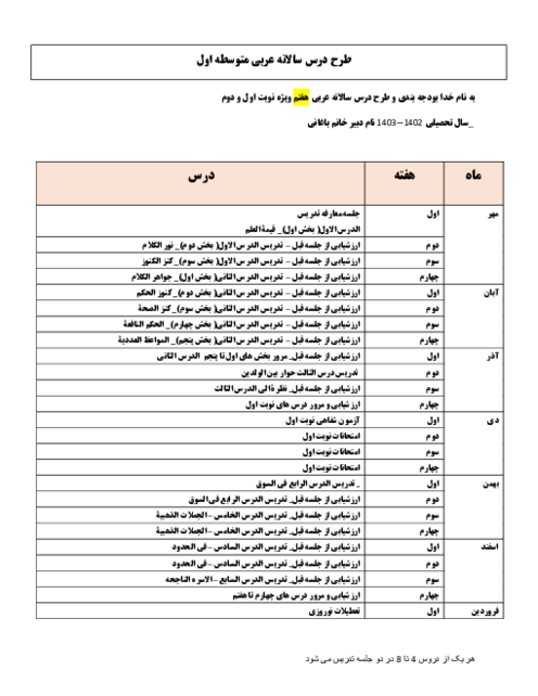 بودجه بندی و طرح درس سالانه عربی سال هفتم 