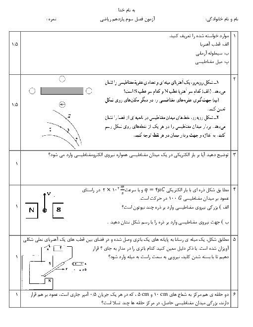 آزمون فصل سوم فیزیک (2) یازدهم دبیرستان رازی | مغناطیس و القای الکترومغناطیسی