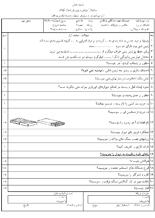 امتحان جبرانی تابستان درس عناصر و جزییات یازدهم هنرستان فنی شهید دیدگانی | شهریور 1398
