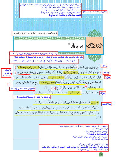تایپ سوالات روی متن کتاب درسی دین و زندگی دهم و پاسخ های تدبر، اندیشه و تحقیق و فعالیت های کلاسی | درس  2: پر پرواز