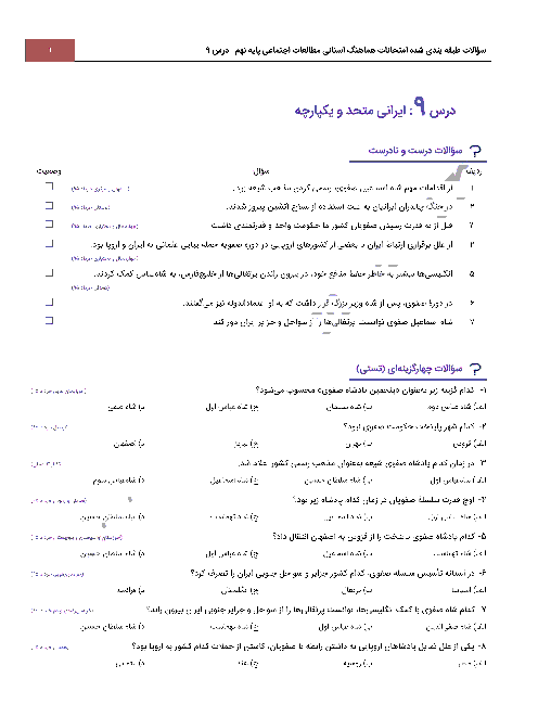 سؤالات طبقه بندی شده امتحانات هماهنگ استانی مطالعات اجتماعی پایه نهم با جواب | درس 9: ایرانی متحد و یکپارچه