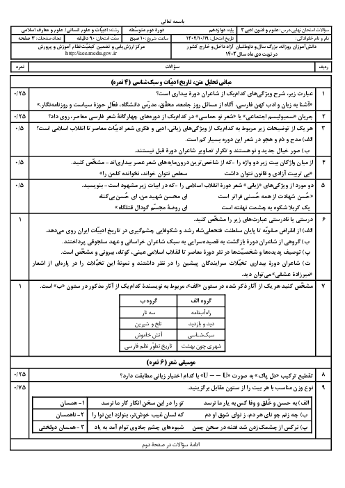 سؤالات امتحان نهایی نوبت دی 1402 | درس علوم و فنون ادبی (3) دوازدهم انسانی و معارف