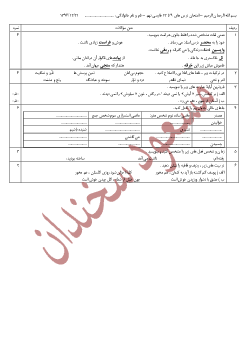 آزمون ادبیات فارسی نهم | درس ۹ تا ۱۳