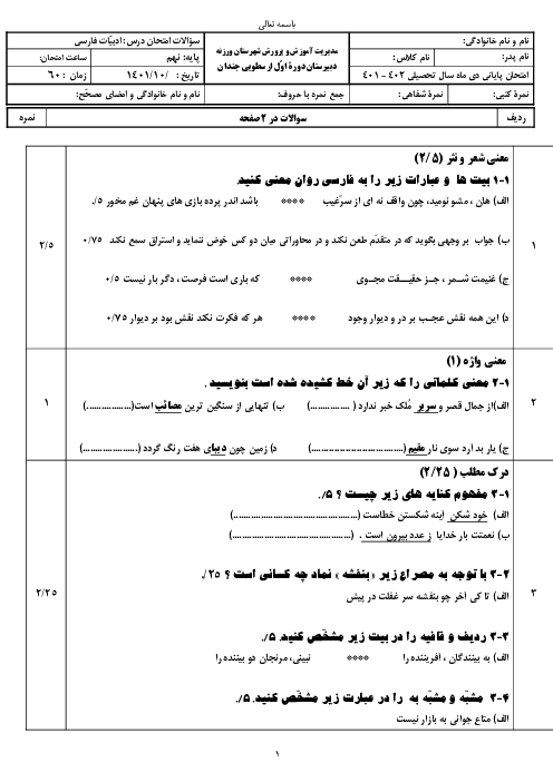 آزمون نوبت اول فارسی پایه نهم مدرسه ارسطویی جندان | دی 1401 (درس 1 تا 7)