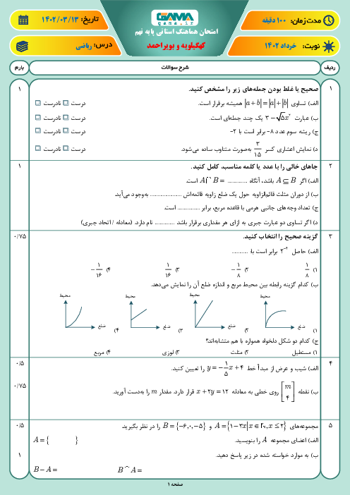 امتحان هماهنگ استانی خرداد 1402 ریاضی پایه نهم استان کهگیلویه و بویر احمد