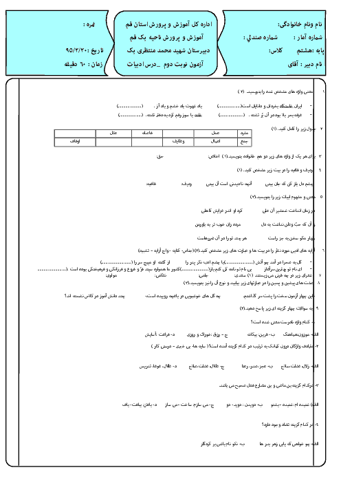سوالات امتحان نوبت دوم ادبیات فارسی هشتم دبیرستان شهید محمد منتظری 1 قم | خرداد 95