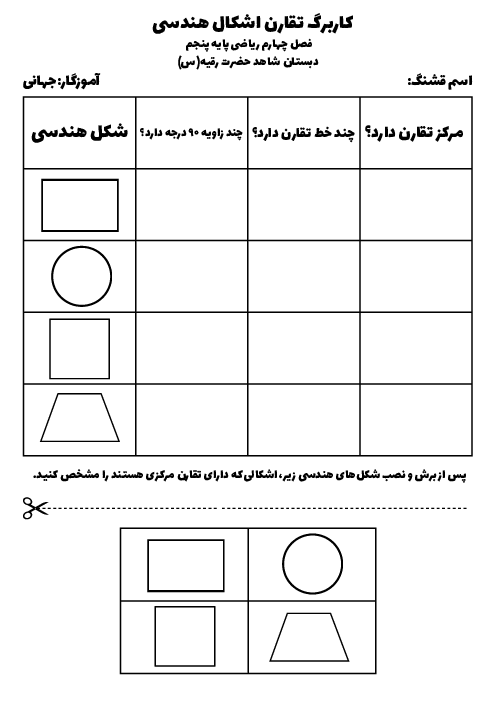 کاربرگ مرکز و محور تقارن اشکال هندسی