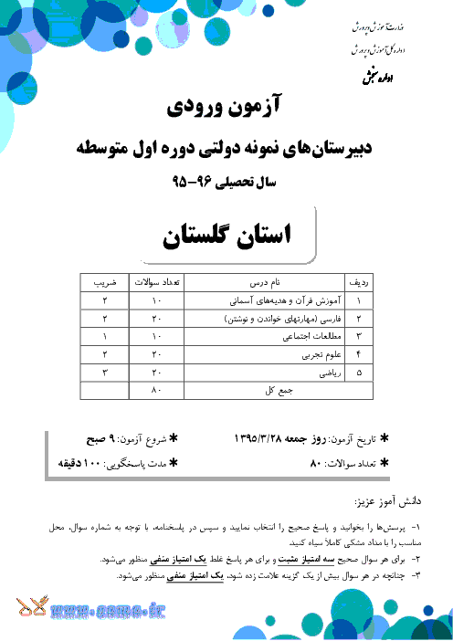 سوالات و پاسخ تشریحی آزمون ورودی پایه هفتم دبیرستان های نمونه دولتی دوره اول متوسطه سال تحصیلی 96-95 | استان گلستان