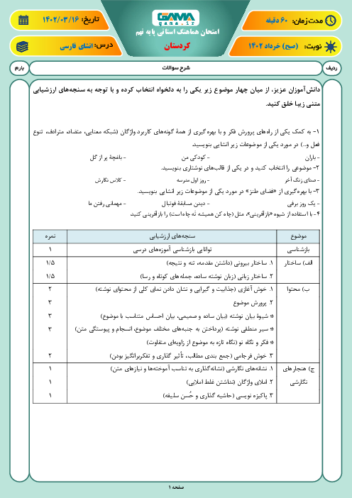 امتحان هماهنگ استانی خرداد 1402 انشای فارسی پایه نهم استان کردستان