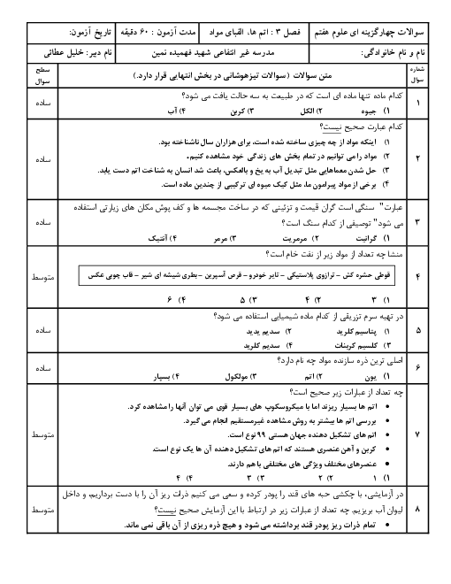 سوالات تستی علوم تجربی هفتم مدرسه شهید فهمیده | فصل 3: اتم‌ها، الفبای مواد
