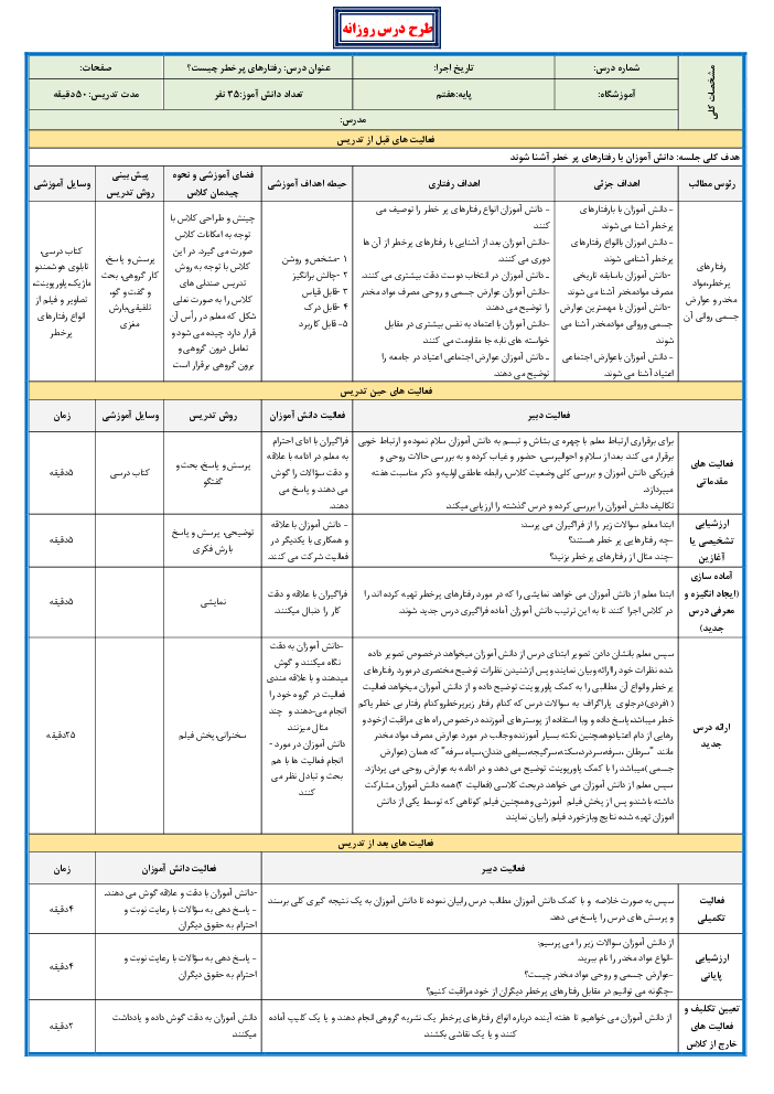 طرح درس روزانه تفکر و سبک زندگی هشتم | رفتار پر خطر چیست؟