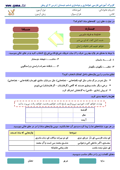 کاربرگ و تمرین فارسی و نگارش کلاس ششم دبستان | درس 6: ای وطن