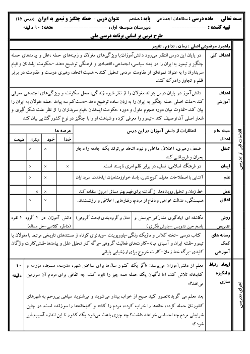 طرح درس روزانه مطالعات هشتم فصل 8: عصر مغول و تیموری (درس 15 و 16)