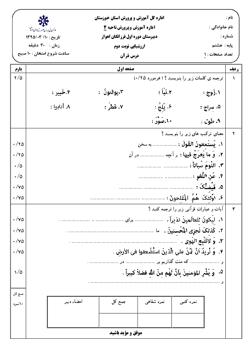آزمون نوبت دوم قرآن پایه هشتم دبیرستان فرزانگان اهواز - خرداد 95