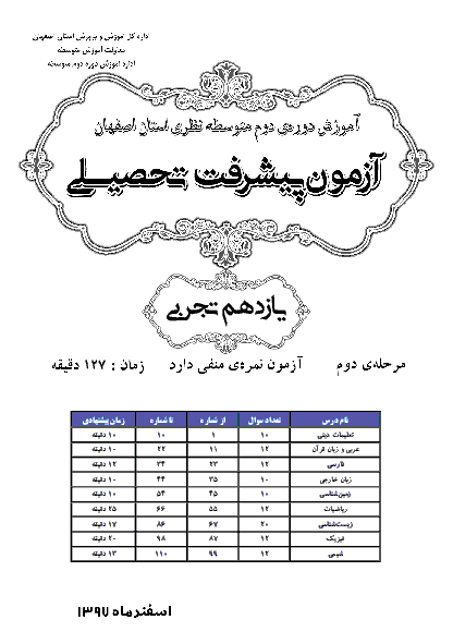 سوالات و پاسخ کلیدی آزمون پیشرفت تحصیلی پایه یازدهم رشته تجربی استان اصفهان | مرحله دوم (اسفند 97)