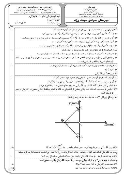 سوالات امتحان نوبت اول فیزیک (2) تجربی یازدهم رشته رياضی دبیرستان معرفت | دی 96