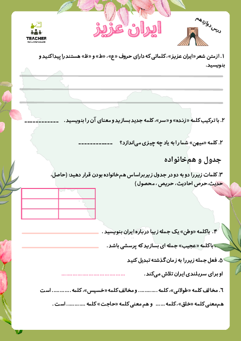کاربرگ نگارش فارسی سوم درس ایران عزیز و ایران آباد