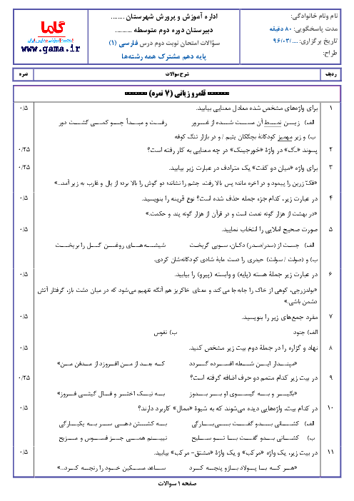 نمونه سوال امتحان نوبت دوم (خرداد ماه) فارسی (1) پایه دهم کلیه رشته ها با پاسخ | نمونه 2