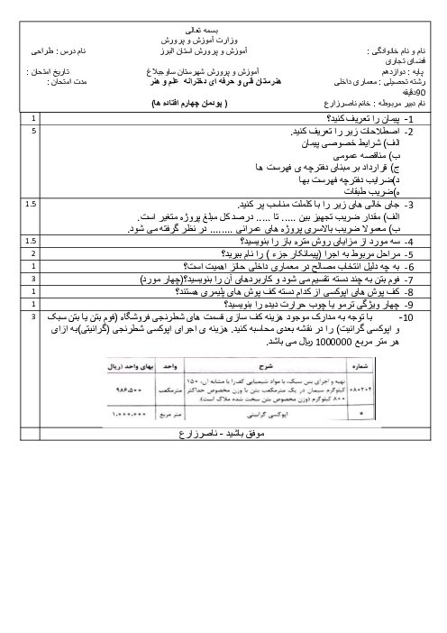 نمونه سوال معماری داخلی فضاهای تجاری | پودمان 4: انتخاب نمونه مصالح طرح فضاهای داخلی فروشگاه