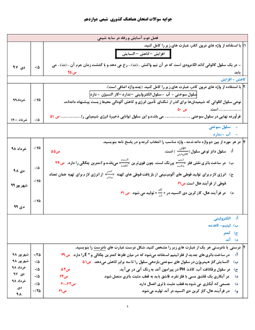 مجموعه سوالات فصل 2 شیمی (3) دوازدهم در امتحانات نهایی دی ماه 97 تا شهریور 1400