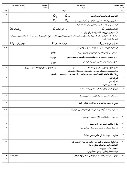 نمونه سوال آمادگی دفاعی نهم |  نوبت اول
