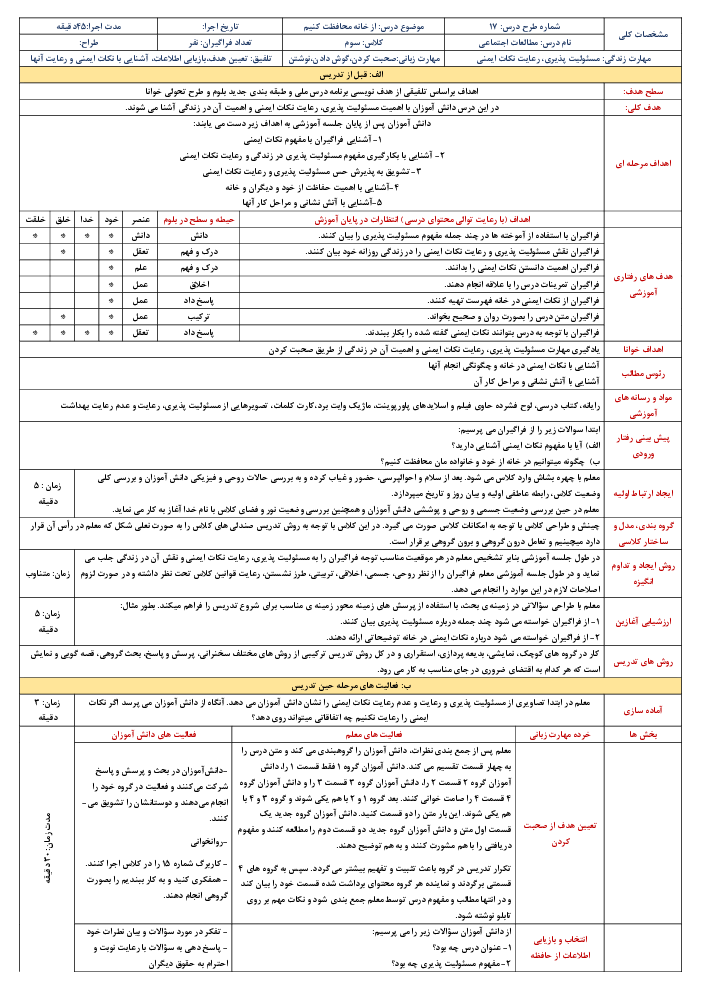 طرح درس روزانه مطالعات اجتماعی سوم دبستان | درس 17: از خانه محافظت کنیم