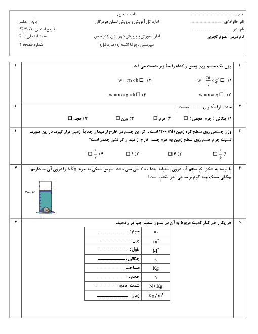 ارزشیابی علوم تجربی پایه هفتم مدرسه جواد الائمه | فصل 2: اندازه گیری در علوم و ابزار های آن + پاسخ