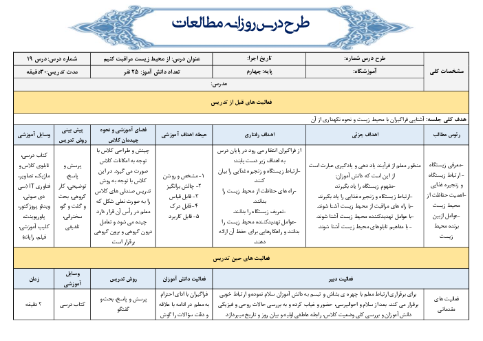 طرح درس روزانه مطالعات اجتماعی چهارم دبستان | درس 19: از محیط زیست مراقبت کنیم