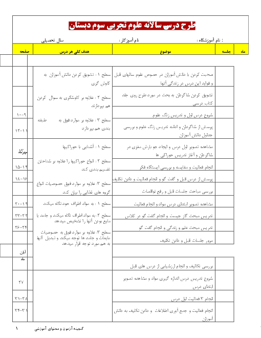 طرح درس سالانه علوم تجربی سوم دبستان | درس 1 تا 14